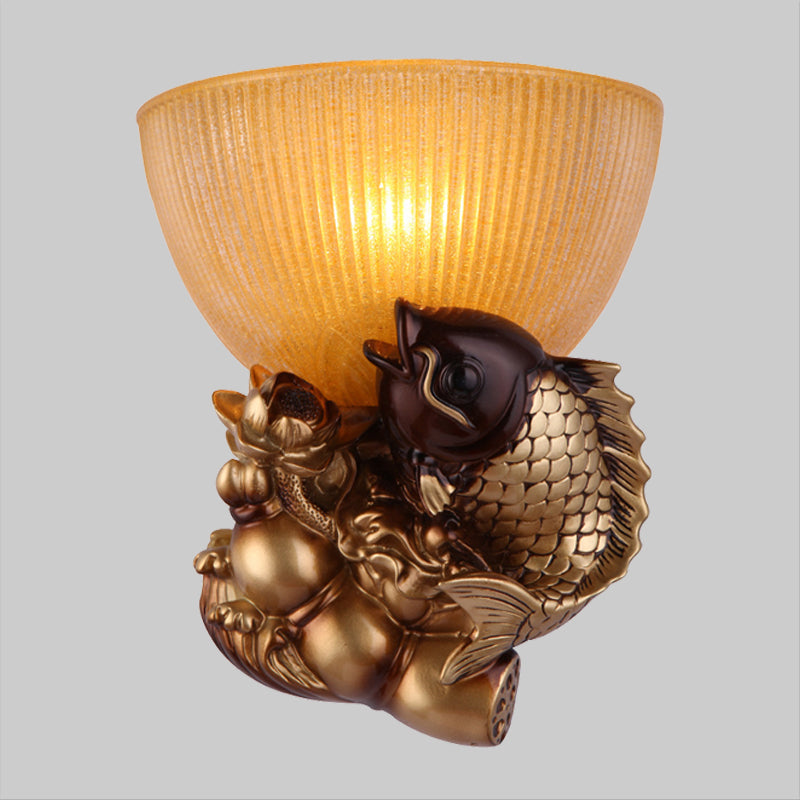 Skørter | Bowl Nightstand Wall Lamp rustic style Amber glass 1 head Gold wall lamp idea with fish and lotus decor