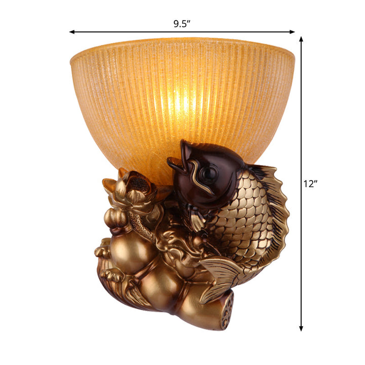 Skørter | Bowl Nightstand Wall Lamp rustic style Amber glass 1 head Gold wall lamp idea with fish and lotus decor