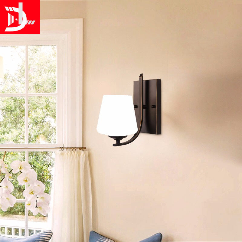 Skørter | White Glass Black Wall Lamp Bowl Shaped Single Bulb Retro Style Wall Mounted Lighting with Rectangular Metal Backplate