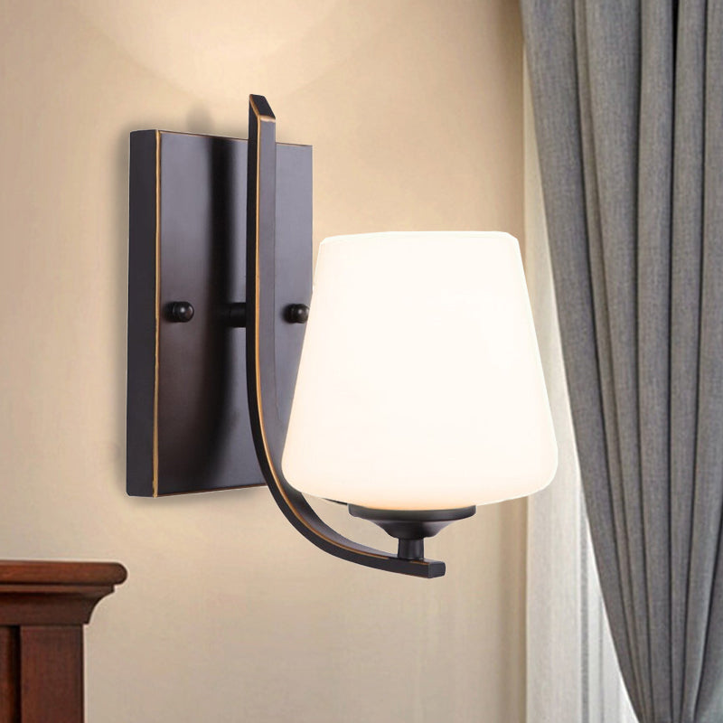 Skørter | White Glass Black Wall Lamp Bowl Shaped Single Bulb Retro Style Wall Mounted Lighting with Rectangular Metal Backplate