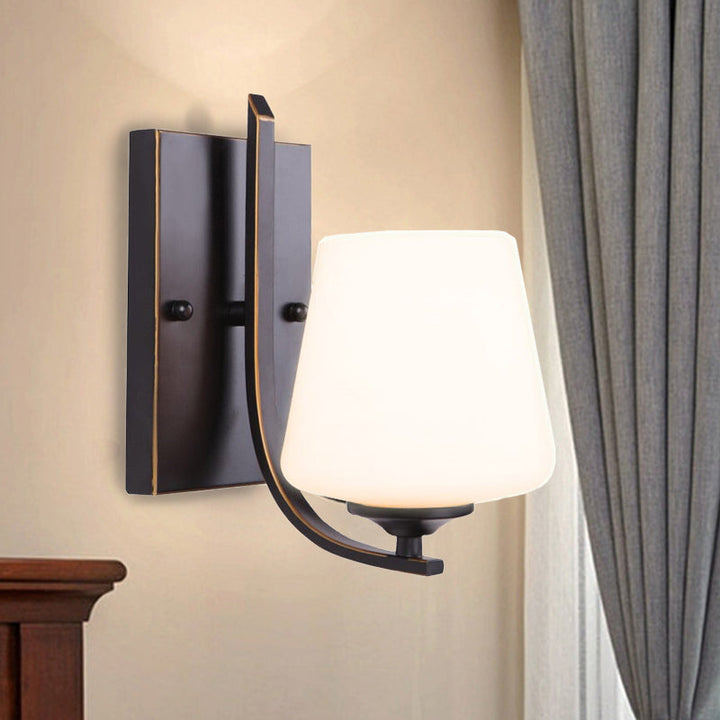 Skørter | White Glass Black Wall Lamp Bowl Shaped Single Bulb Retro Style Wall Mounted Lighting with Rectangular Metal Backplate