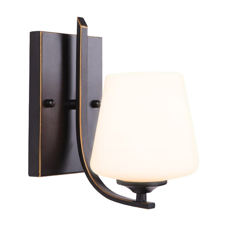 Skørter | White Glass Black Wall Lamp Bowl Shaped Single Bulb Retro Style Wall Mounted Lighting with Rectangular Metal Backplate
