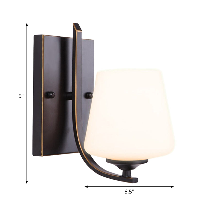 Skørter | White Glass Black Wall Lamp Bowl Shaped Single Bulb Retro Style Wall Mounted Lighting with Rectangular Metal Backplate