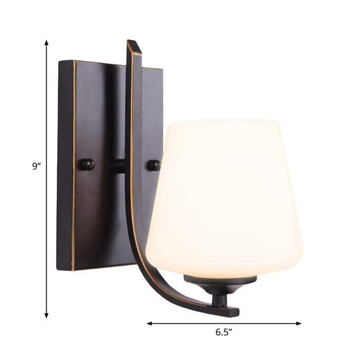 Skørter | White Glass Black Wall Lamp Bowl Shaped Single Bulb Retro Style Wall Mounted Lighting with Rectangular Metal Backplate