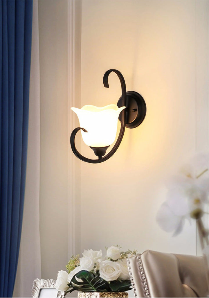 Skørter | Floral Drawing Room Wall Light Country Milk Glass Single Lamp Black Wall Lights Idea with Scroll Arm