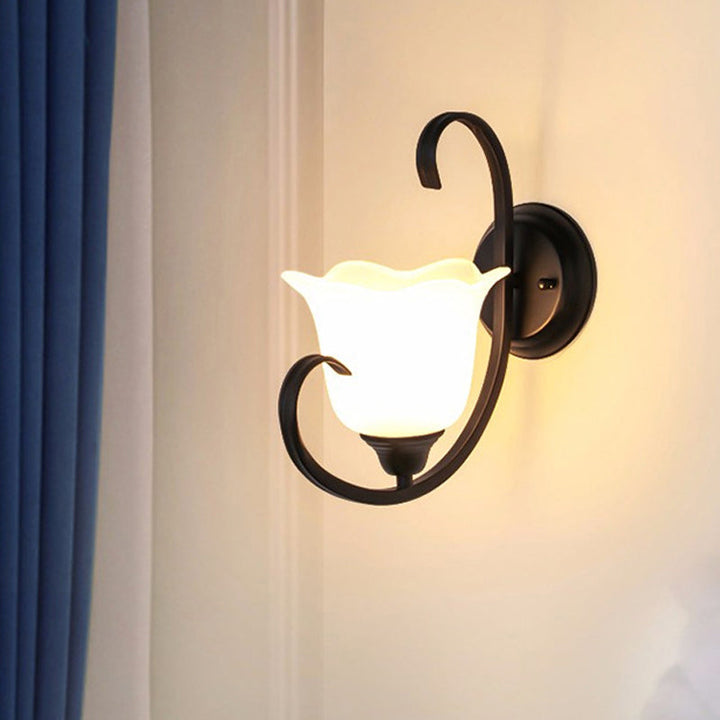Skørter | Floral Drawing Room Wall Light Country Milk Glass Single Lamp Black Wall Lights Idea with Scroll Arm