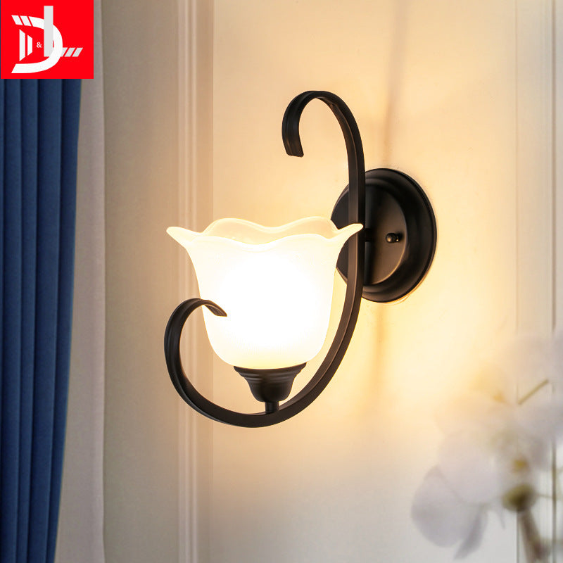 Skørter | Floral Drawing Room Wall Light Country Milk Glass Single Lamp Black Wall Lights Idea with Scroll Arm