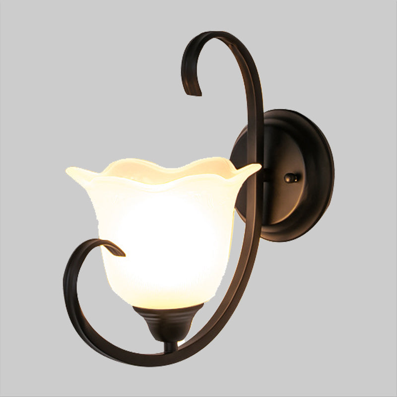 Skørter | Floral Drawing Room Wall Light Country Milk Glass Single Lamp Black Wall Lights Idea with Scroll Arm