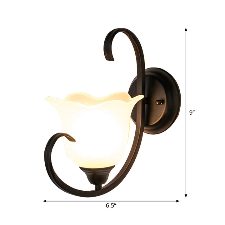 Skørter | Floral Drawing Room Wall Light Country Milk Glass Single Lamp Black Wall Lights Idea with Scroll Arm