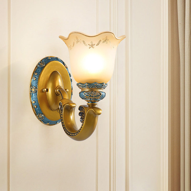 Skørter | Etched Glass Gold Wall Lamp Printed Flower 1-Lamp Warehouse Wall-mounted Lighting for Corridor