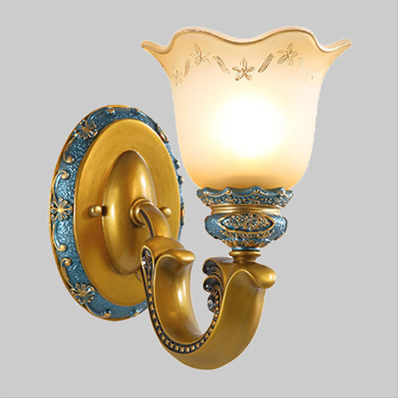 Skørter | Etched Glass Gold Wall Lamp Printed Flower 1-Lamp Warehouse Wall-mounted Lighting for Corridor