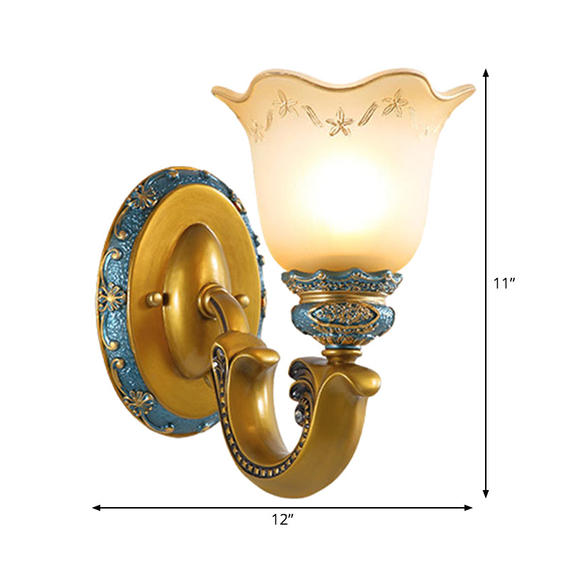 Skørter | Etched Glass Gold Wall Lamp Printed Flower 1-Lamp Warehouse Wall-mounted Lighting for Corridor