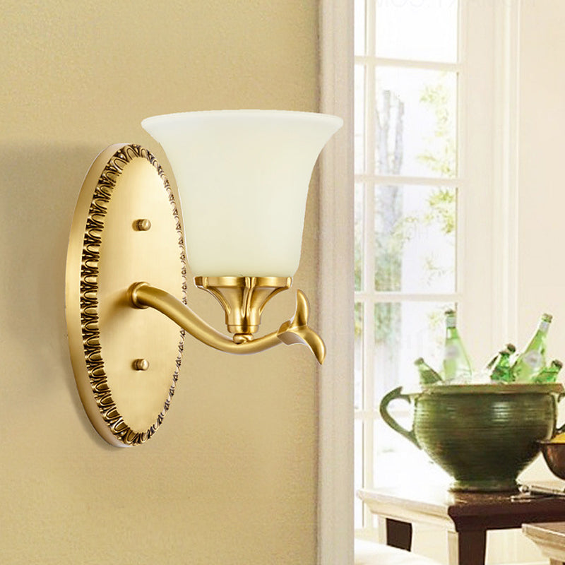 Skørter | Rural Bell Wall Lighting 1/2-Light Cream Glass Wall Lamp with Oval Back Plate in Brass