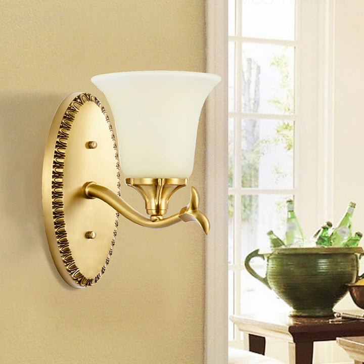 Skørter | Rural Bell Wall Lighting 1/2-Light Cream Glass Wall Lamp with Oval Back Plate in Brass