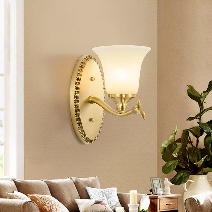 Skørter | Rural Bell Wall Lighting 1/2-Light Cream Glass Wall Lamp with Oval Back Plate in Brass