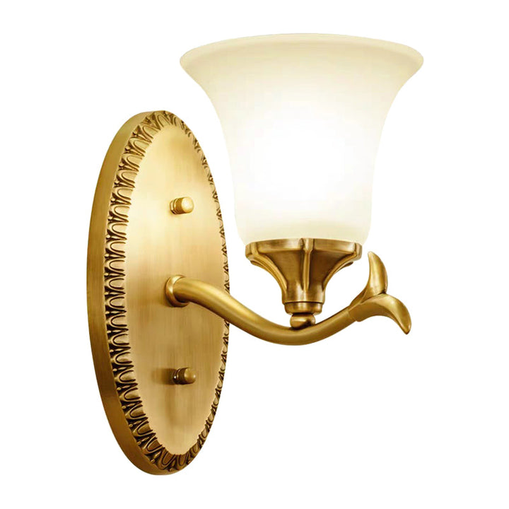 Skørter | Rural Bell Wall Lighting 1/2-Light Cream Glass Wall Lamp with Oval Back Plate in Brass