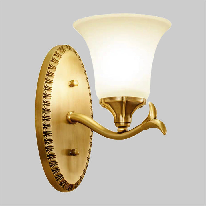 Skørter | Rural Bell Wall Lighting 1/2-Light Cream Glass Wall Lamp with Oval Back Plate in Brass