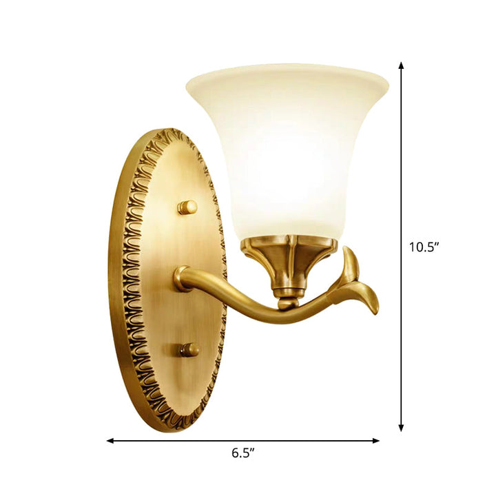 Skørter | Rural Bell Wall Lighting 1/2-Light Cream Glass Wall Lamp with Oval Back Plate in Brass