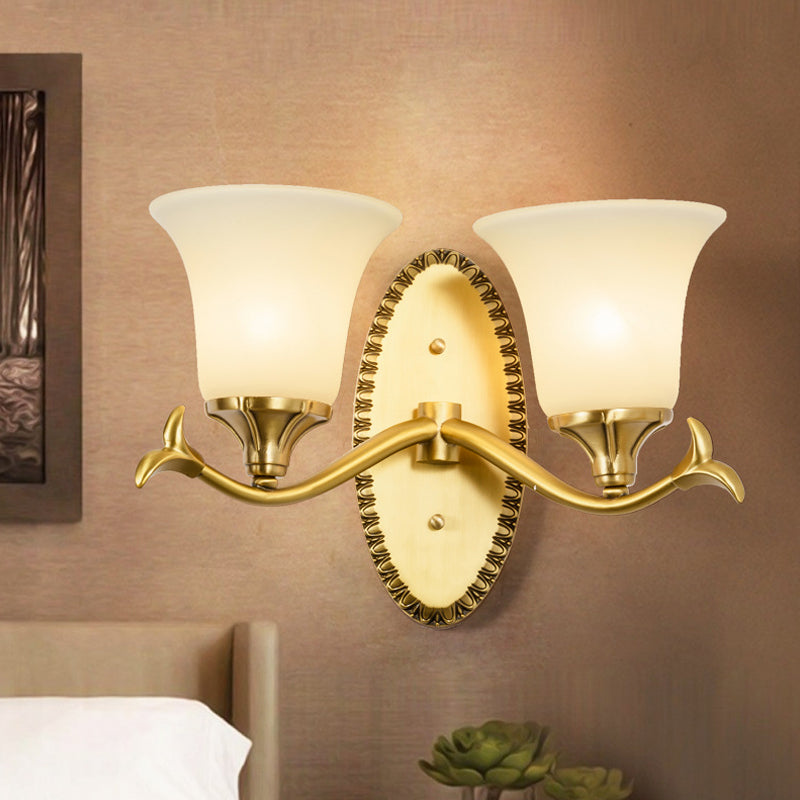 Skørter | Rural Bell Wall Lighting 1/2-Light Cream Glass Wall Lamp with Oval Back Plate in Brass