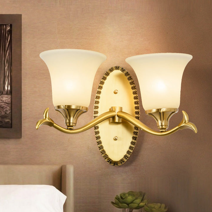 Skørter | Rural Bell Wall Lighting 1/2-Light Cream Glass Wall Lamp with Oval Back Plate in Brass
