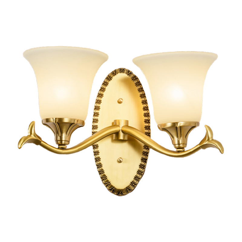 Skørter | Rural Bell Wall Lighting 1/2-Light Cream Glass Wall Lamp with Oval Back Plate in Brass