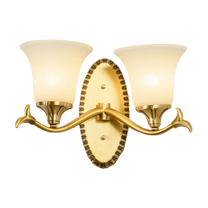 Skørter | Rural Bell Wall Lighting 1/2-Light Cream Glass Wall Lamp with Oval Back Plate in Brass