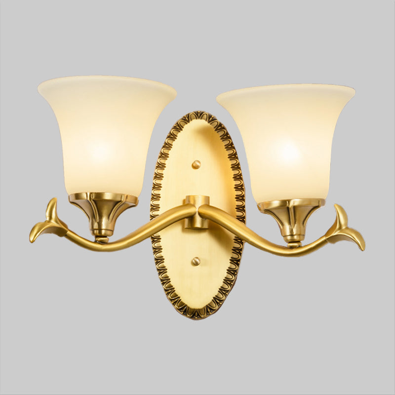 Skørter | Rural Bell Wall Lighting 1/2-Light Cream Glass Wall Lamp with Oval Back Plate in Brass
