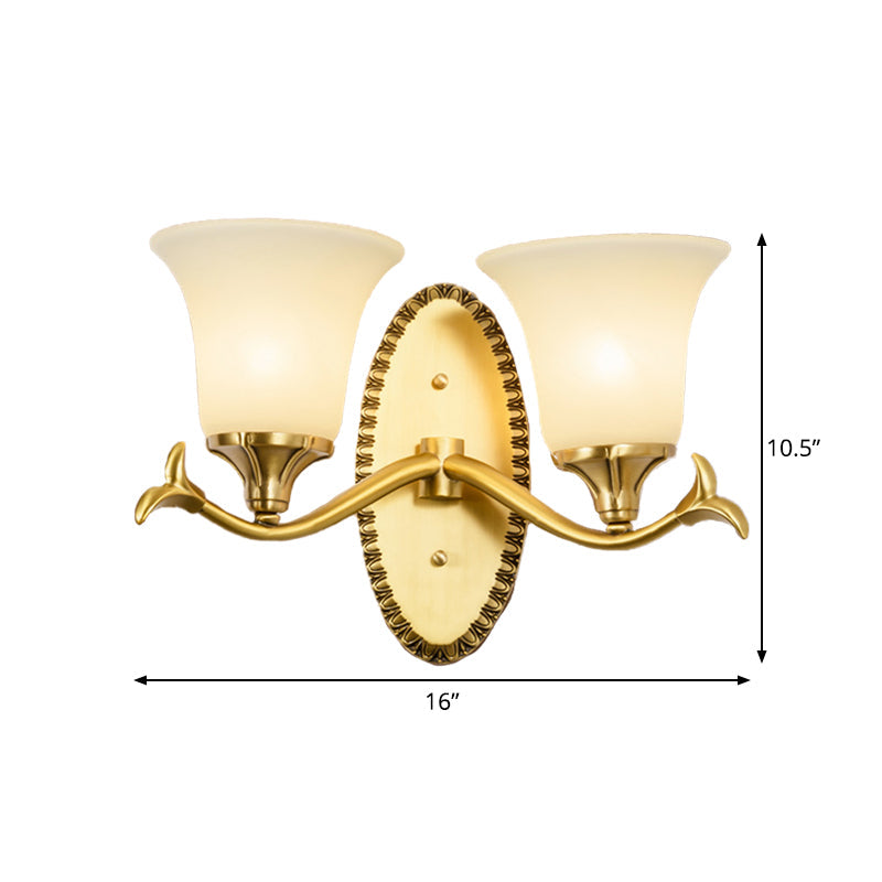 Skørter | Rural Bell Wall Lighting 1/2-Light Cream Glass Wall Lamp with Oval Back Plate in Brass