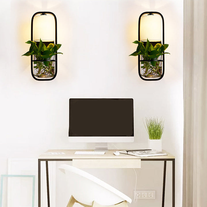 Lisslune | 1 Bulb Cylindrical Wall Lamp Lodge Black/White/Gold Fabric Wall Light with Warm/White Light and Plant Pot