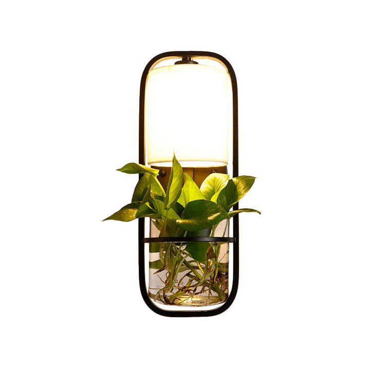 Lisslune | 1 Bulb Cylindrical Wall Lamp Lodge Black/White/Gold Fabric Wall Light with Warm/White Light and Plant Pot