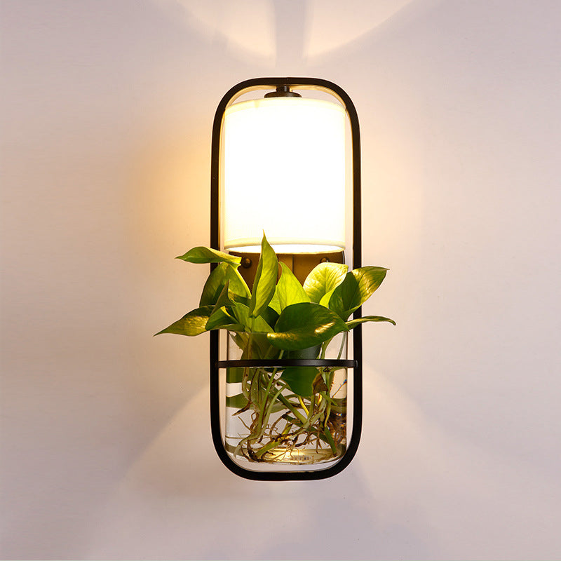 Lisslune | 1 Bulb Cylindrical Wall Lamp Lodge Black/White/Gold Fabric Wall Light with Warm/White Light and Plant Pot