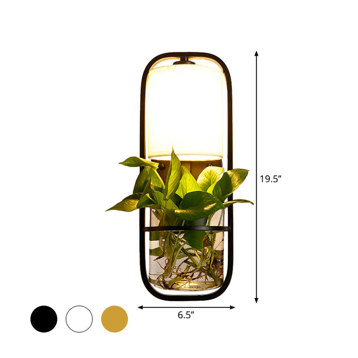 Lisslune | 1 Bulb Cylindrical Wall Lamp Lodge Black/White/Gold Fabric Wall Light with Warm/White Light and Plant Pot
