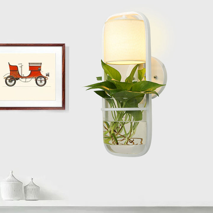 Lisslune | 1 Bulb Cylindrical Wall Lamp Lodge Black/White/Gold Fabric Wall Light with Warm/White Light and Plant Pot