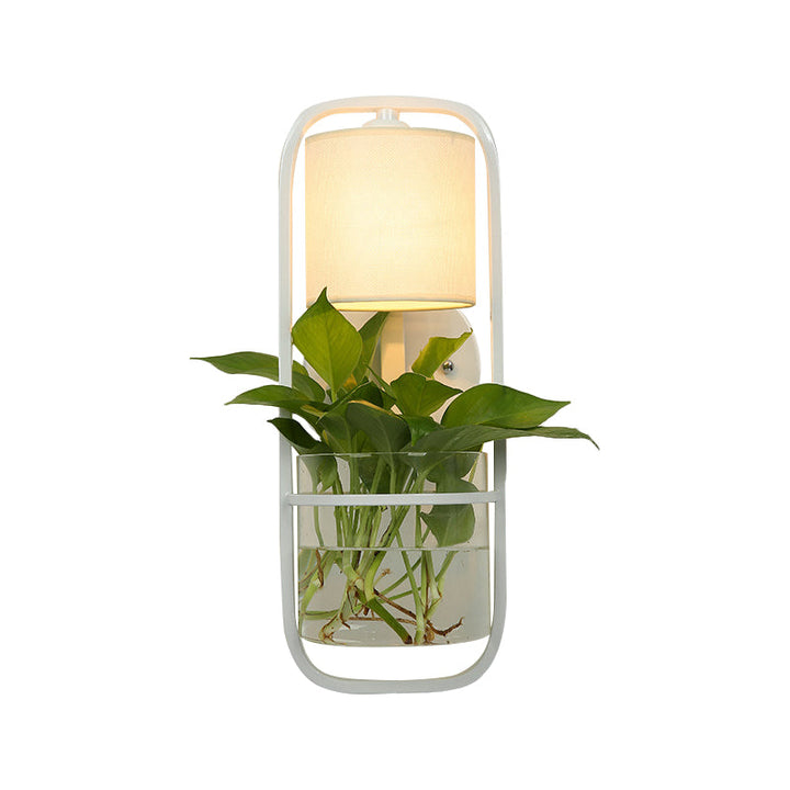 Lisslune | 1 Bulb Cylindrical Wall Lamp Lodge Black/White/Gold Fabric Wall Light with Warm/White Light and Plant Pot