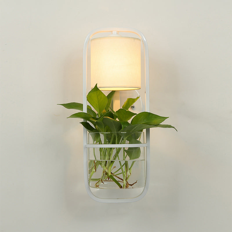 Lisslune | 1 Bulb Cylindrical Wall Lamp Lodge Black/White/Gold Fabric Wall Light with Warm/White Light and Plant Pot