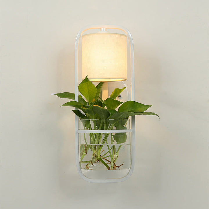 Lisslune | 1 Bulb Cylindrical Wall Lamp Lodge Black/White/Gold Fabric Wall Light with Warm/White Light and Plant Pot