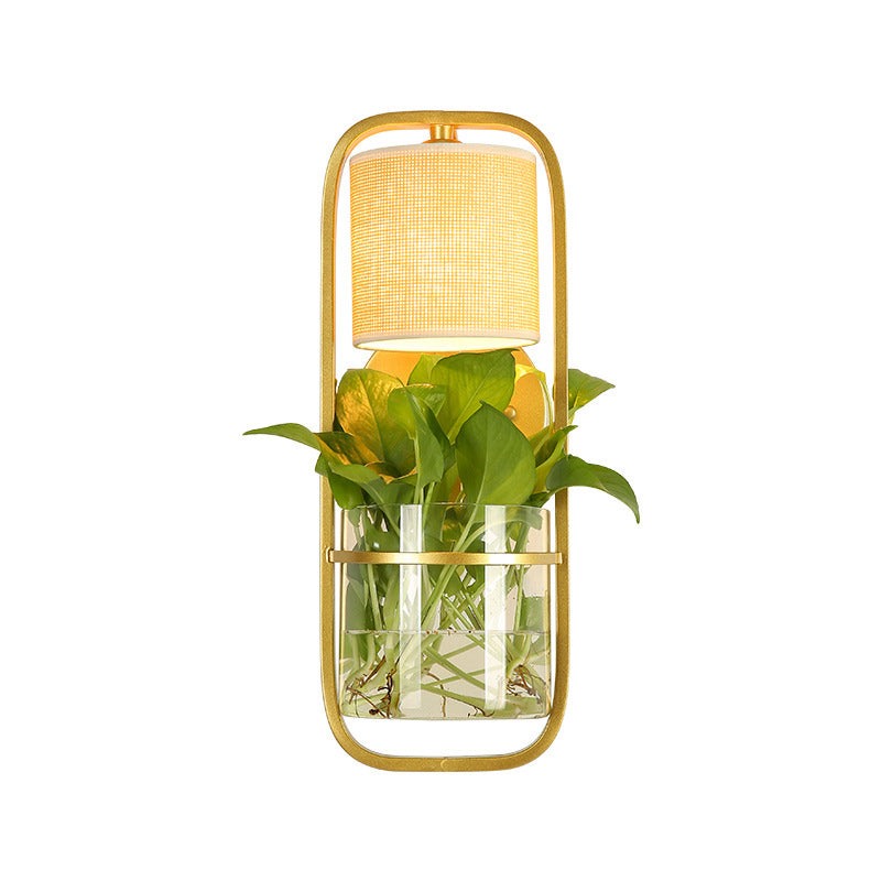 Lisslune | 1 Bulb Cylindrical Wall Lamp Lodge Black/White/Gold Fabric Wall Light with Warm/White Light and Plant Pot
