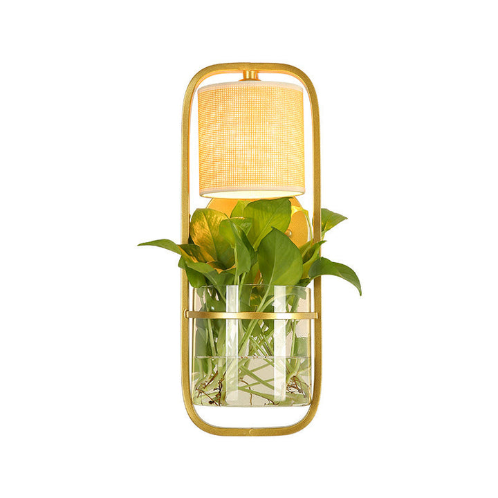 Lisslune | 1 Bulb Cylindrical Wall Lamp Lodge Black/White/Gold Fabric Wall Light with Warm/White Light and Plant Pot