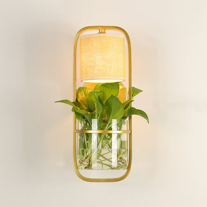 Lisslune | 1 Bulb Cylindrical Wall Lamp Lodge Black/White/Gold Fabric Wall Light with Warm/White Light and Plant Pot