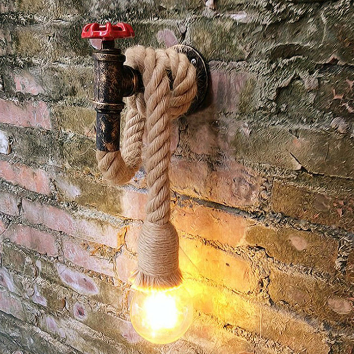 Lisslune | Industrial Faucet Wall Lamp 1-Light Hemp Rope Wall Mounted Lamp in Brown for Wine Bar