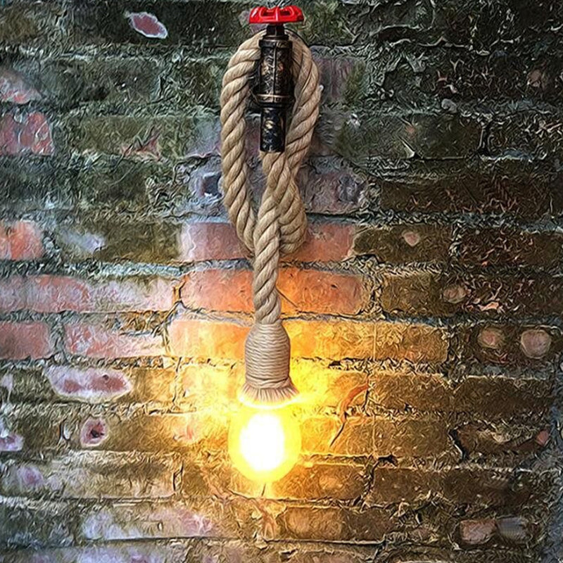 Lisslune | Industrial Faucet Wall Lamp 1-Light Hemp Rope Wall Mounted Lamp in Brown for Wine Bar