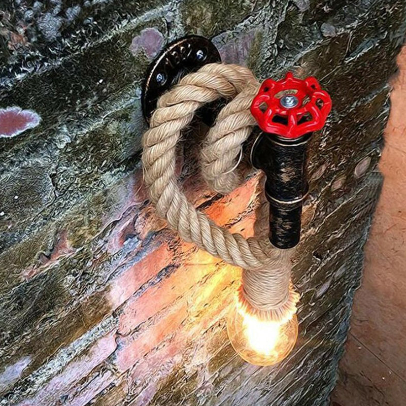 Lisslune | Industrial Faucet Wall Lamp 1-Light Hemp Rope Wall Mounted Lamp in Brown for Wine Bar