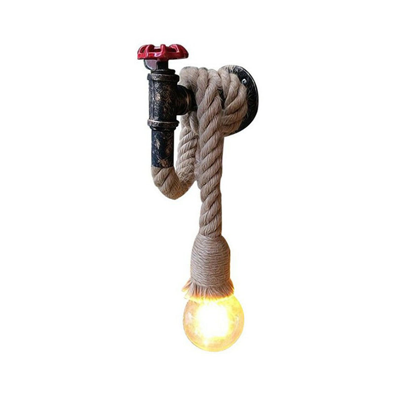 Lisslune | Industrial Faucet Wall Lamp 1-Light Hemp Rope Wall Mounted Lamp in Brown for Wine Bar