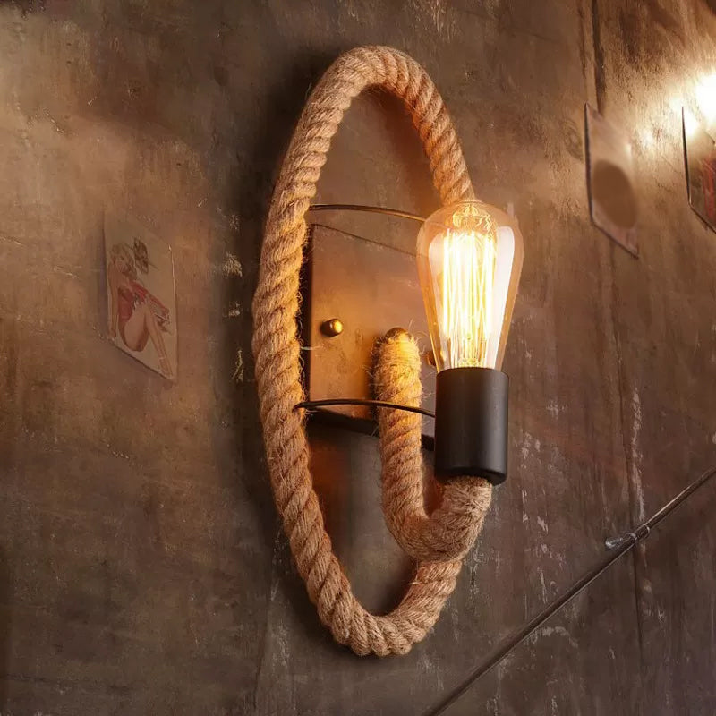 Lisslune | Single rope wrapped wall light farmhouse brown oval/round dining room wall mounted light with open lamp design