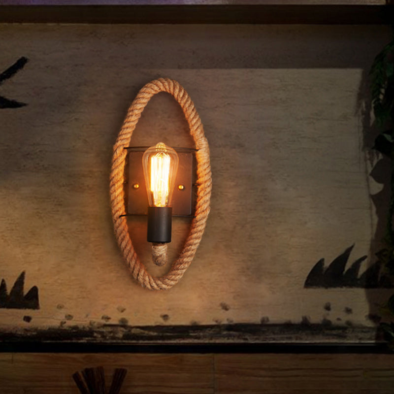 Lisslune | Single rope wrapped wall light farmhouse brown oval/round dining room wall mounted light with open lamp design