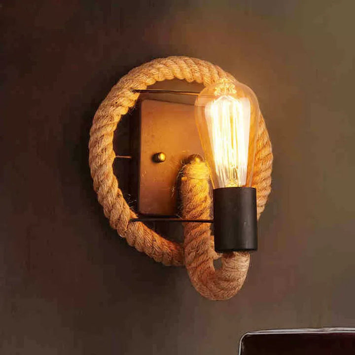 Lisslune | Single rope wrapped wall light farmhouse brown oval/round dining room wall mounted light with open lamp design