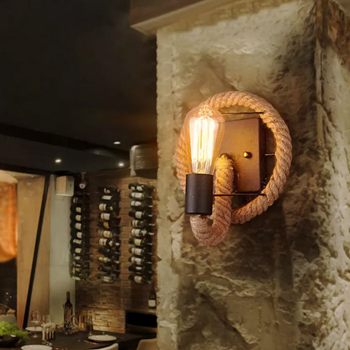 Lisslune | Single rope wrapped wall light farmhouse brown oval/round dining room wall mounted light with open lamp design