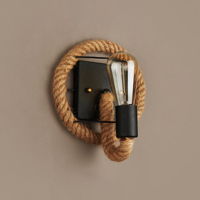 Lisslune | Single rope wrapped wall light farmhouse brown oval/round dining room wall mounted light with open lamp design