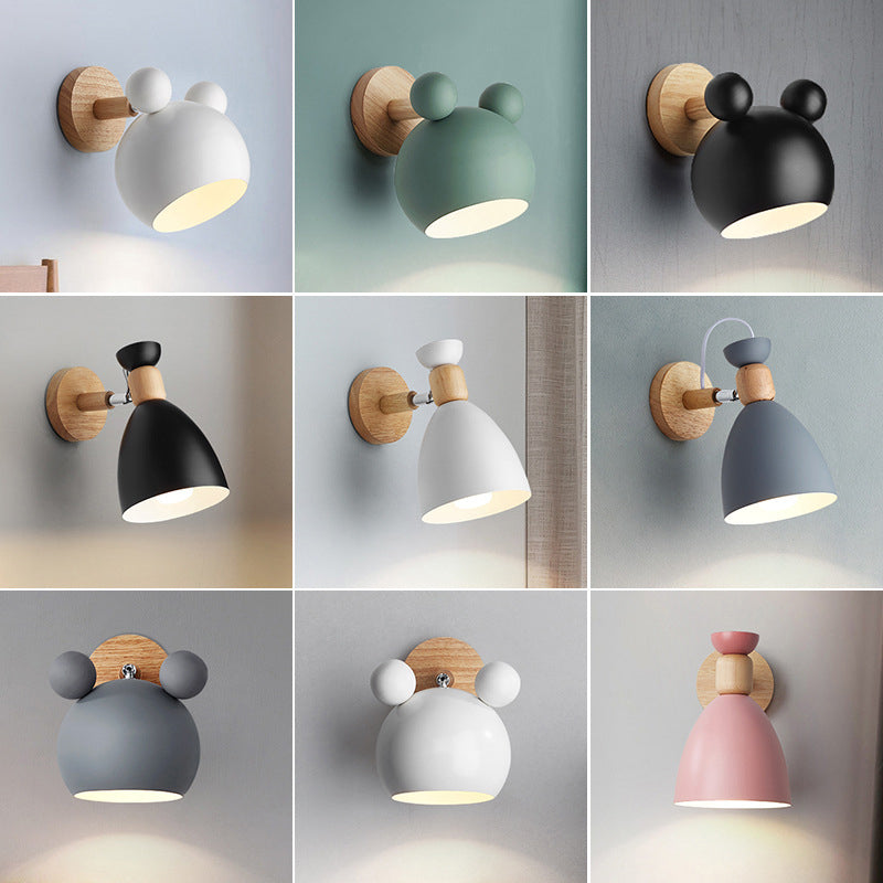 Skørter | Bear/Bell Rotating Wall Mounted Lamp Macaron Iron 1-Head Nightstand Reading Wall Light in White/Pink/Green and Wood