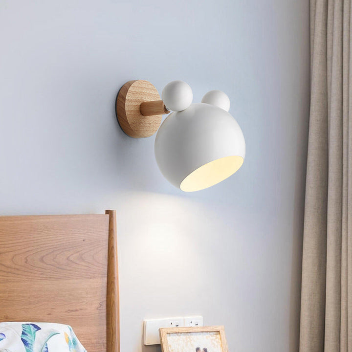 Skørter | Bear/Bell Rotating Wall Mounted Lamp Macaron Iron 1-Head Nightstand Reading Wall Light in White/Pink/Green and Wood